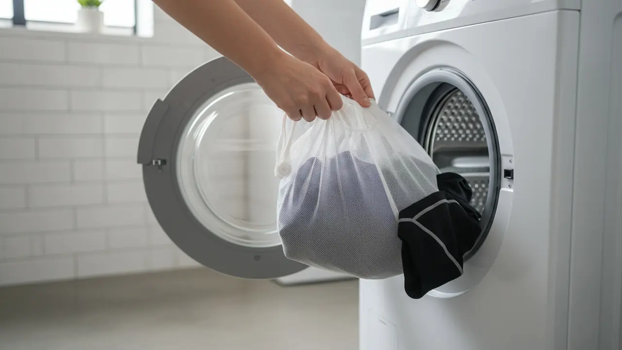 Sportstøj i en finmasket vaskepose klar til vask i maskinen