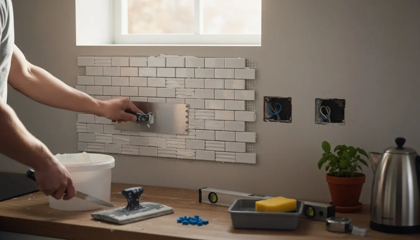 Opsætning af køkkenbacksplash med rektangulære fliser samlet i paneler, hvid fuge og værktøj på køkkenbordet.
