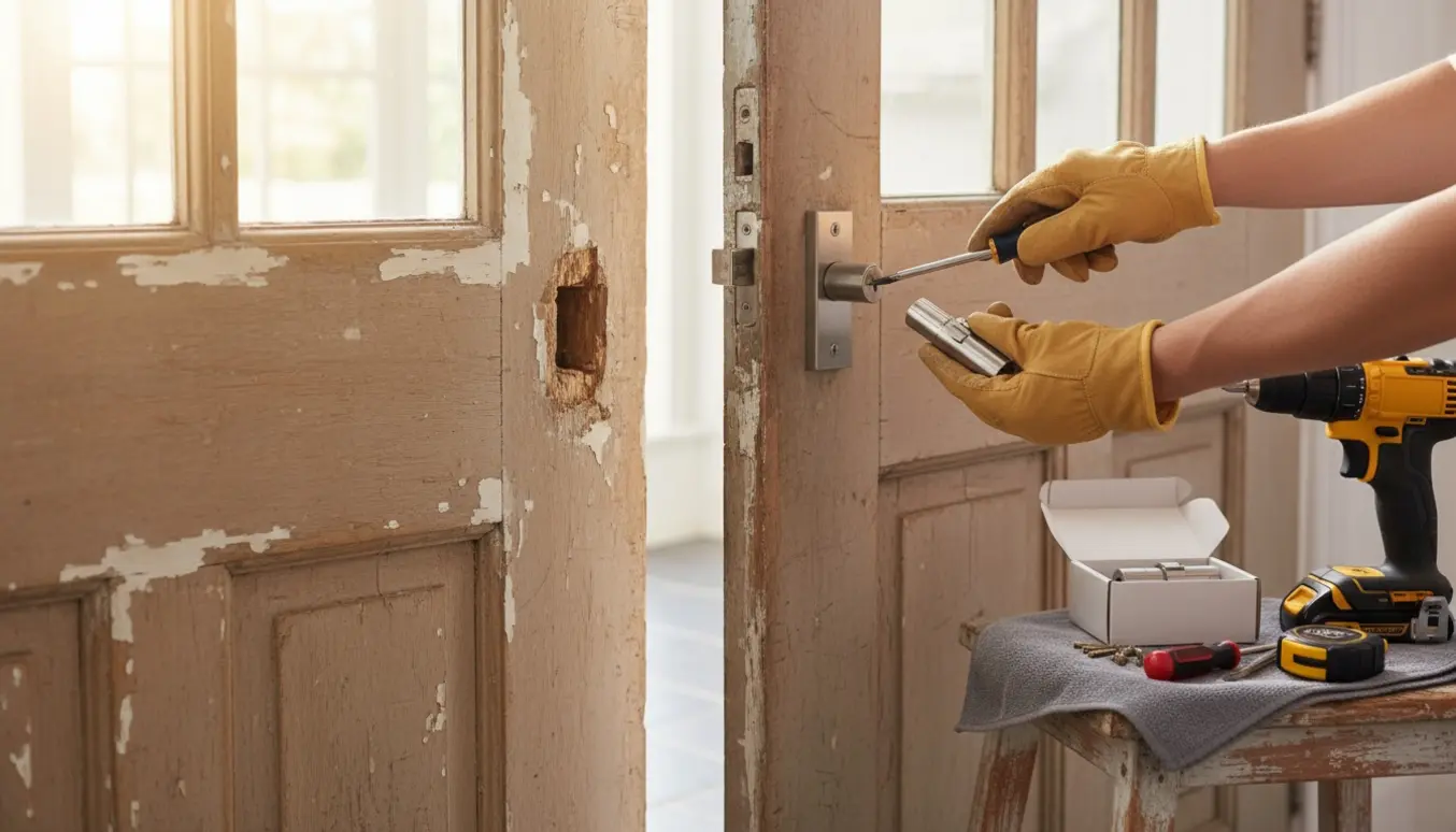 To let slidte træhoveddøre, den ene midt i udskiftning af lås med værktøj og nye, enkle cylindre.