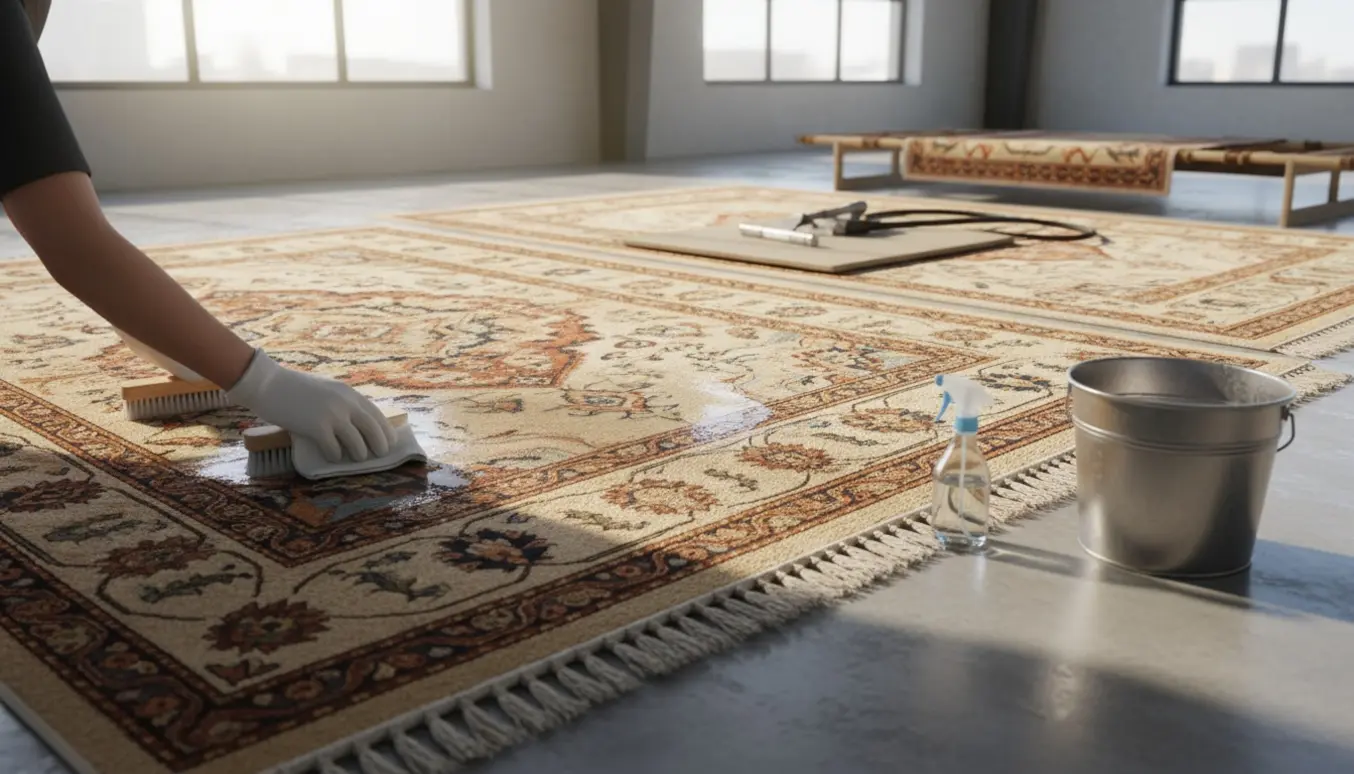 To store maskinvævede tyrkiske uldtæpper ligger fladt, mens en rengøringsperson med handsker forsigtigt renser en plet med klud og børste.