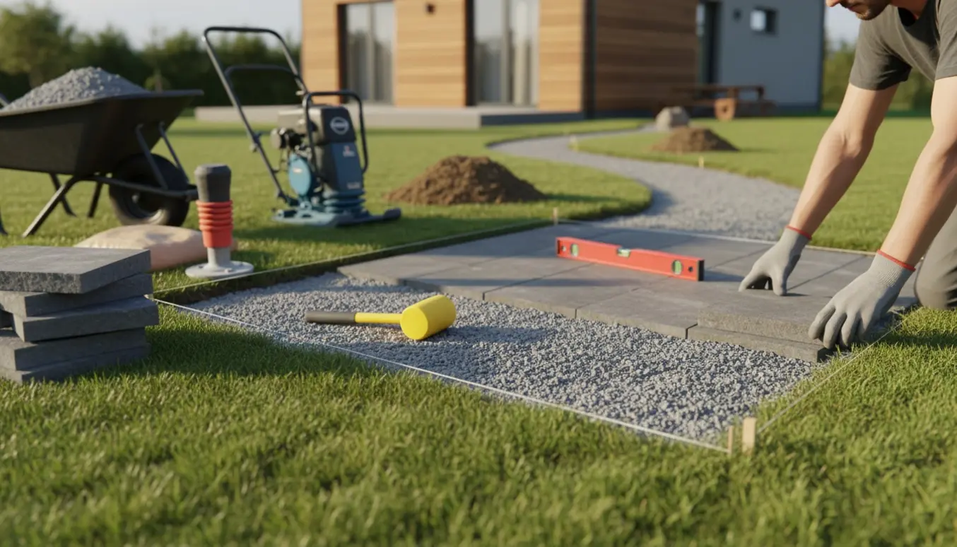 Hænder placerer 40x40 cm fliser på stampet stabilgrus som fundament til en luft-til-vand udedel.