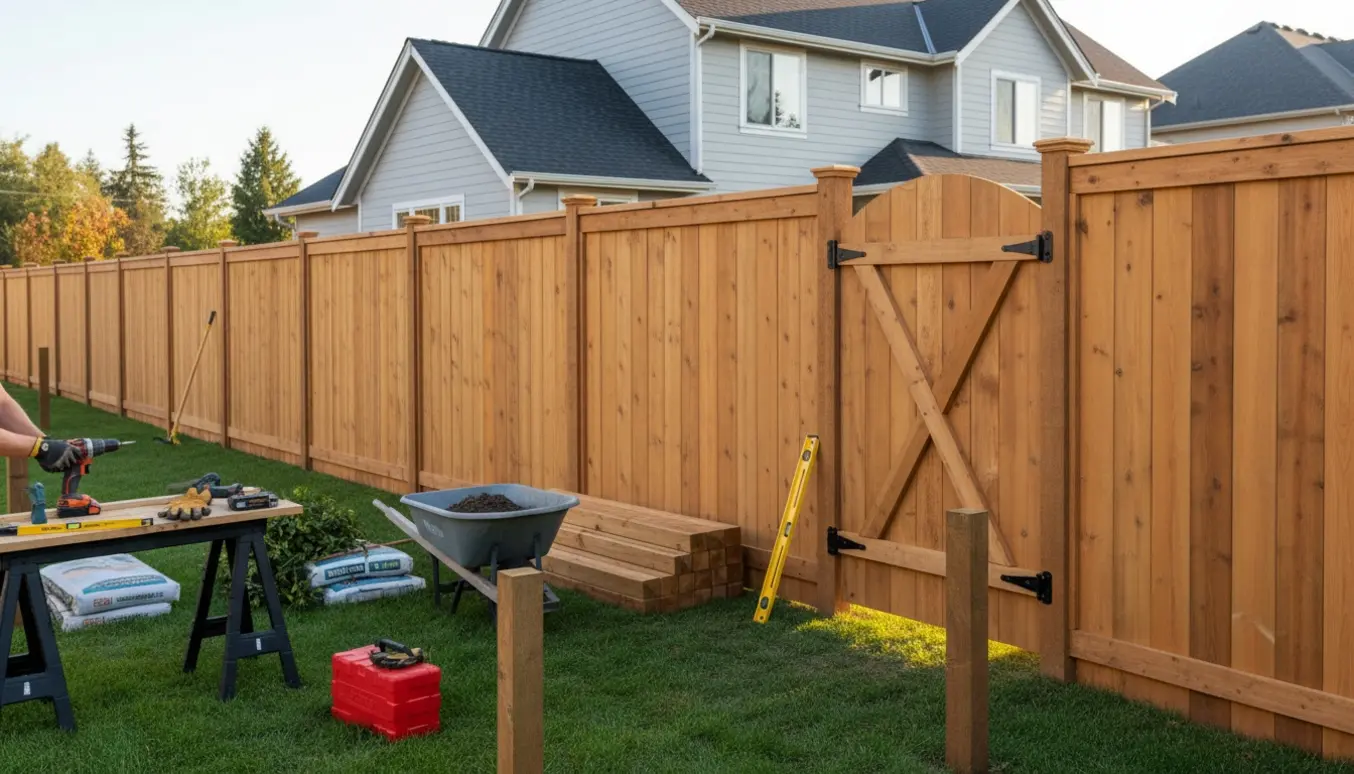 Solidt træhegn med låge under montering omkring et hus, værktøj og afklippede hække i forgrunden.