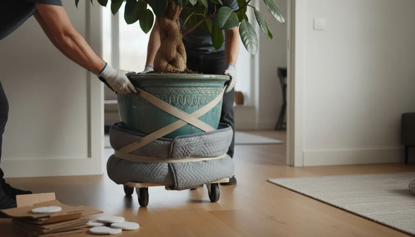 To personer flytter et ca. 2,15 m højt indendørs træ i en tung keramisk potte med flyttevogn og beskyttelse på trægulvet.