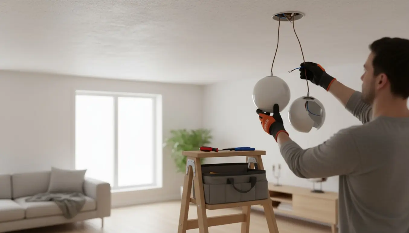 En hånd med arbejdshandske monterer en ny, identisk loftslampe ved et åbent el-udtag i et lyst hjem.