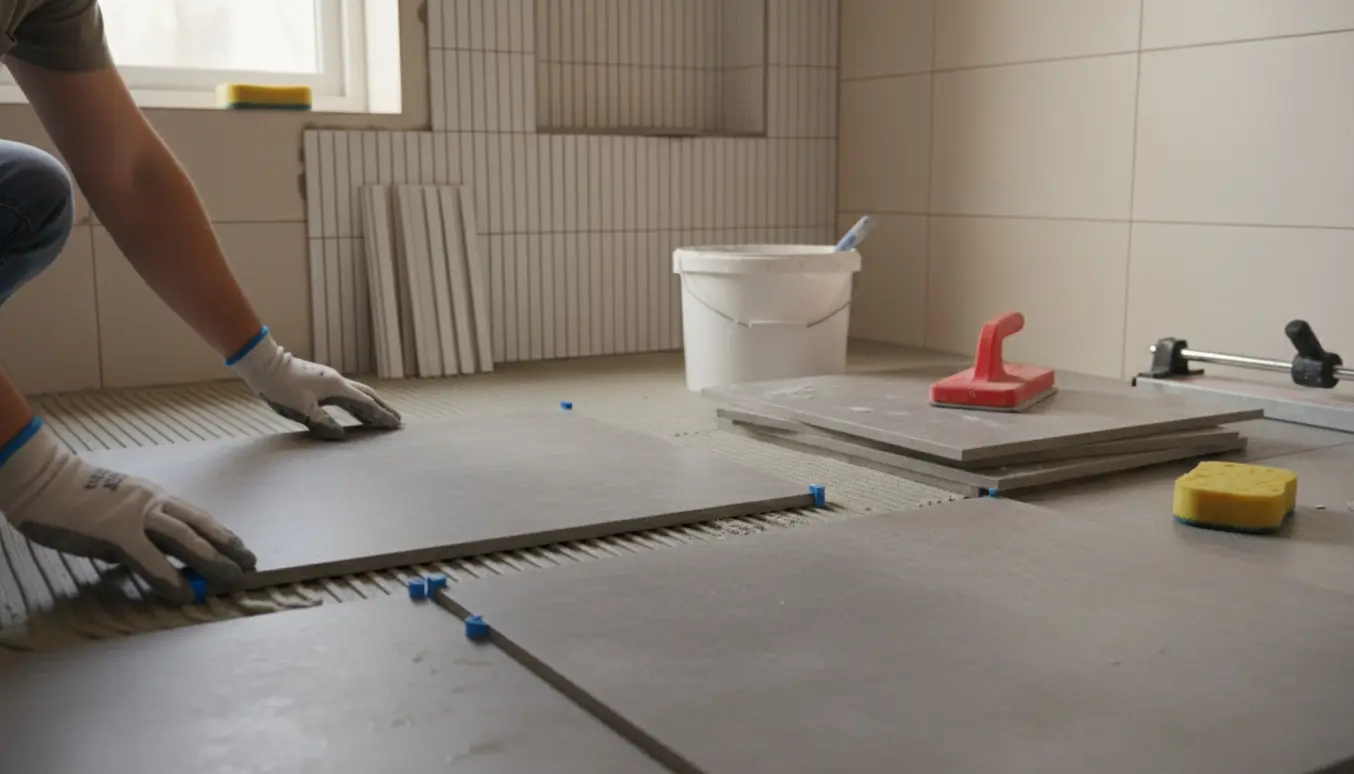 Nærbillede af fliselægning med hænder, grå betonfliser, værktøj og en delvist færdig bruseniche.