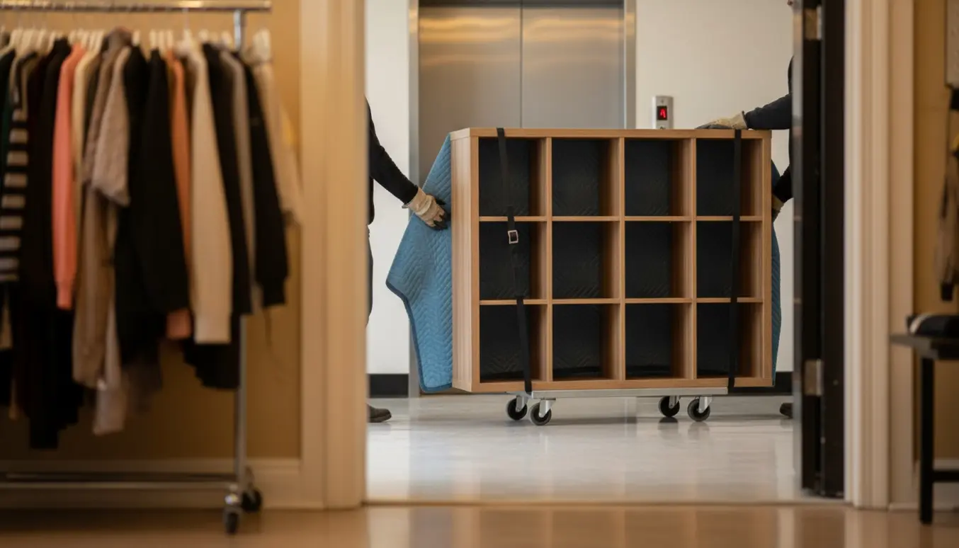 Et 4x4 rumdeler i træ transporteres på en flyttevogn fra en genbrugsbutik ind i en bygningselevator.