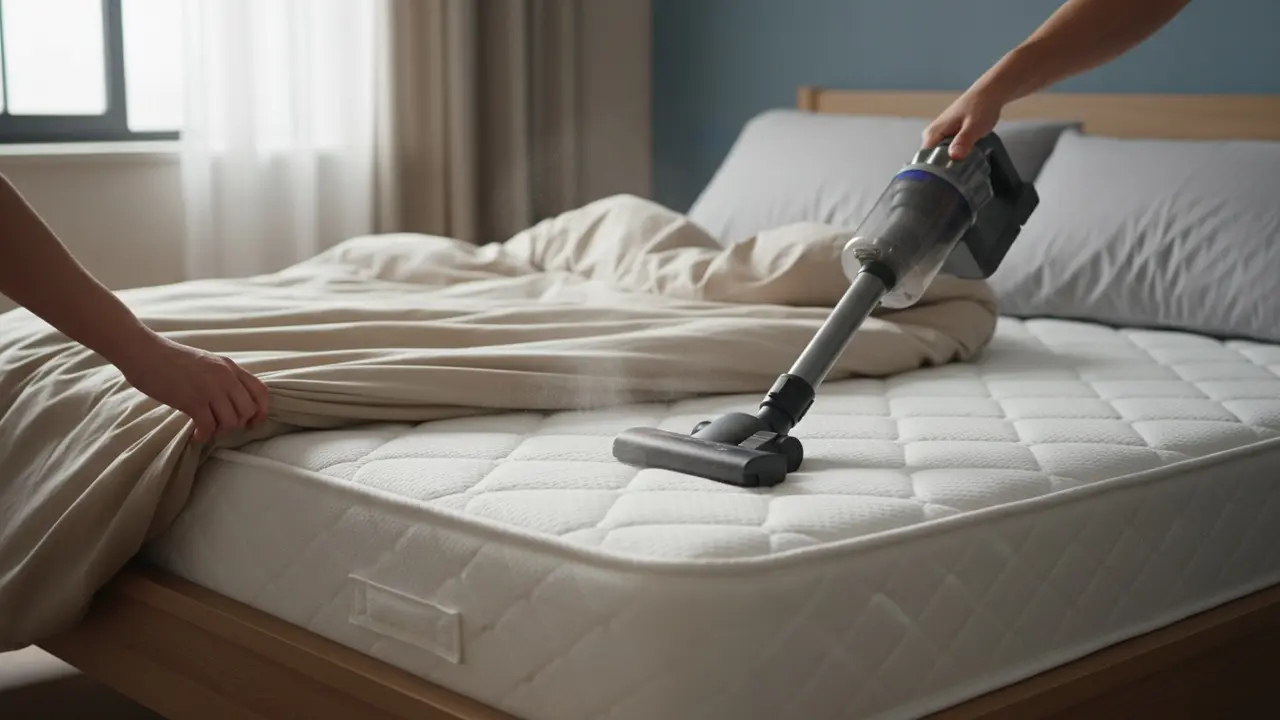 Person fjerner lagen og støvsuger topmadras med håndstøvsuger