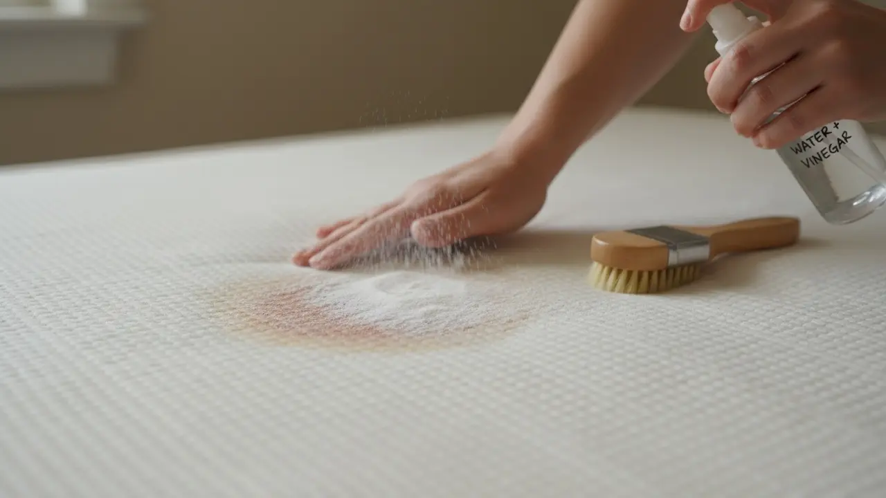 Nærbillede af behandling af plet på topmadras med natron og sprøjteflaske