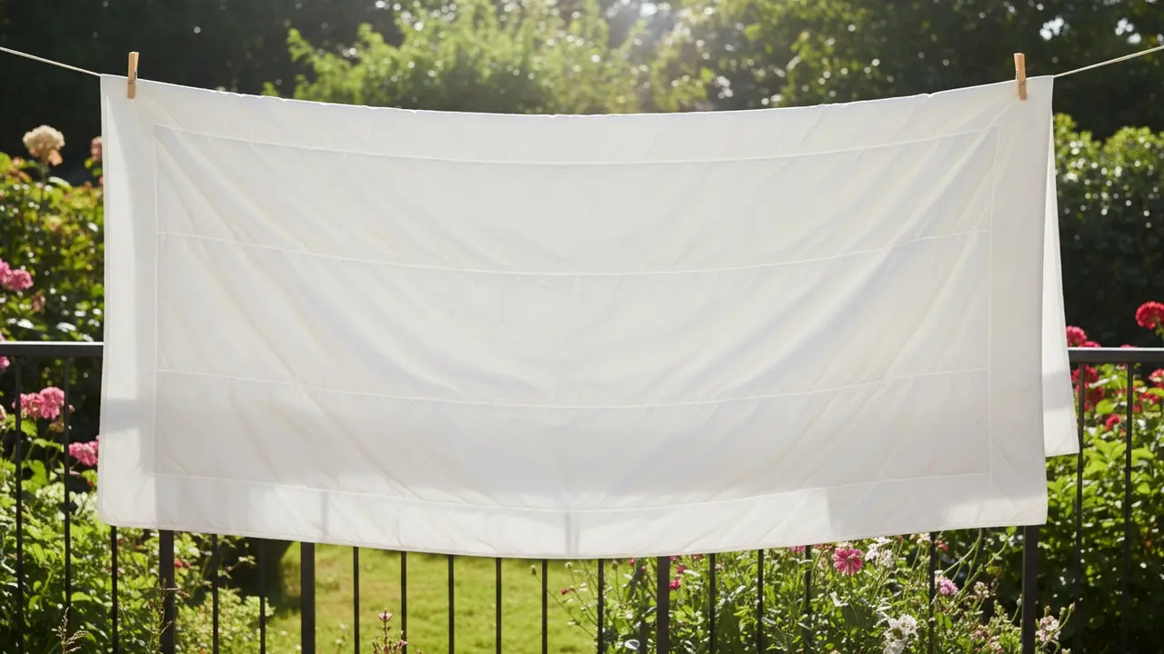 Topmadrasbetræk hængt ud i solen til lufttørring på en balkon