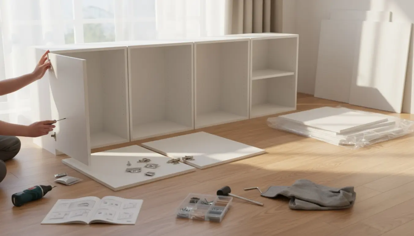 Fire reoler i fladpakke samles i et lyst rum med værktøj og manual på gulvet.