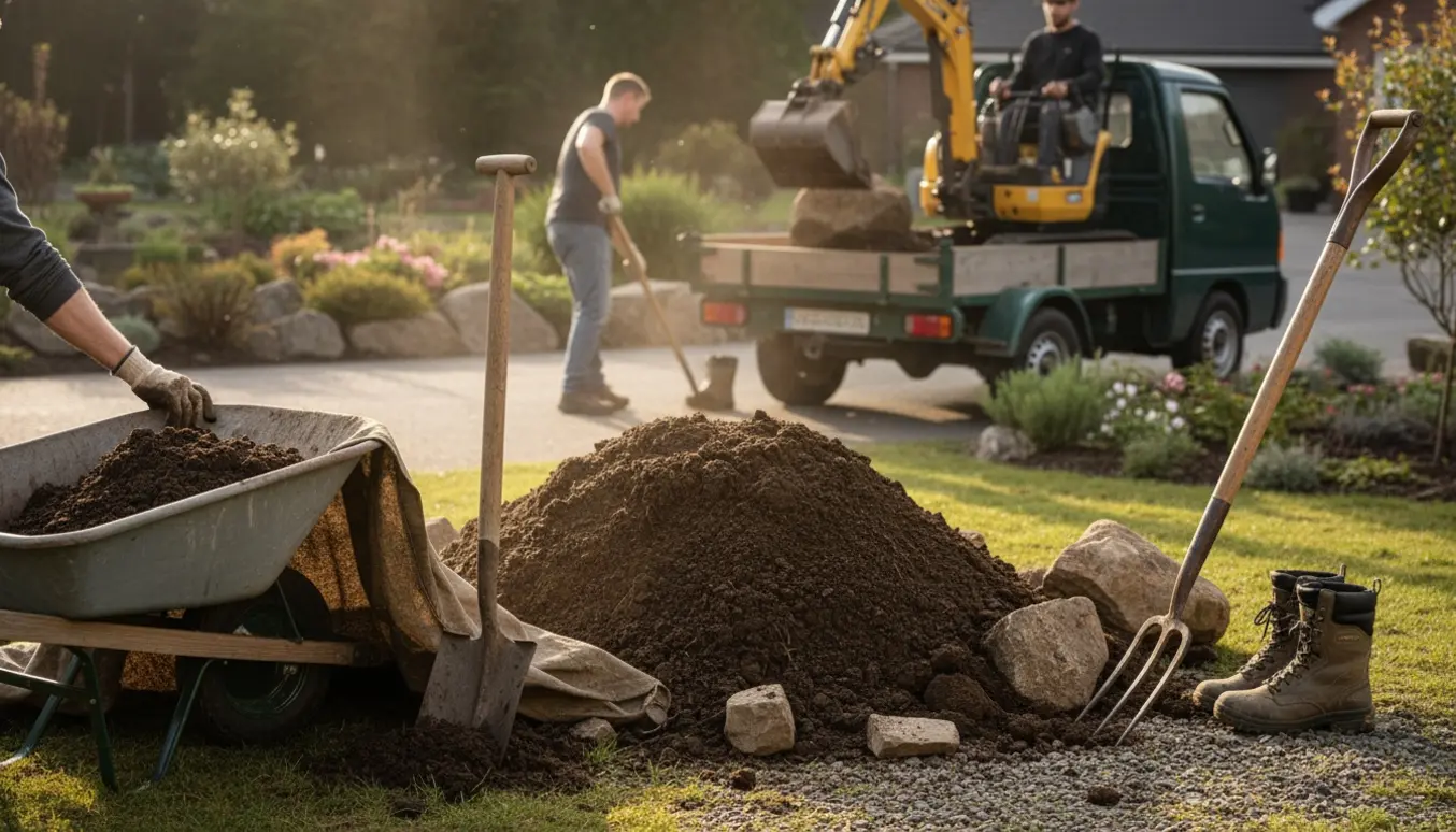 Affaldsjord og store sten bliver læsset på en trailer i forhaven med trillebør og skovle i fokus.