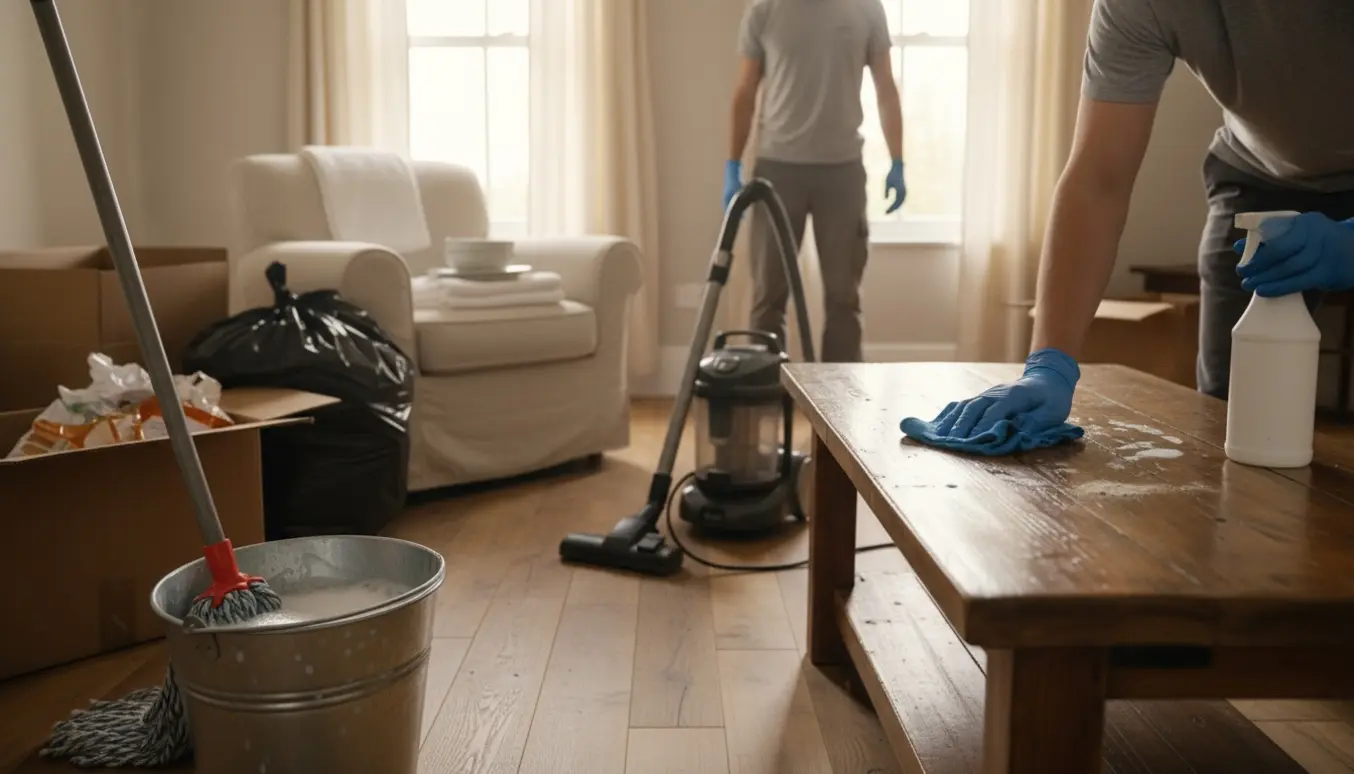 Lys, realistisk foto af rengøring og oprydning i et lille stuehus efter fraflytning.