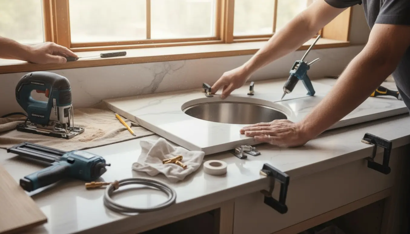 Nærbillede af montering af ny køkkenbordplade med underlimet vask og fugearbejde ved et vindue.