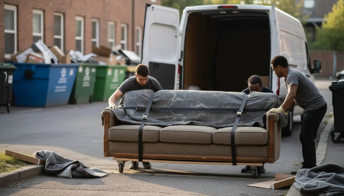 Et langt stofsofa bæres ud af en lejlighed og læsses på en flyttevogn ved en genbrugsstation.