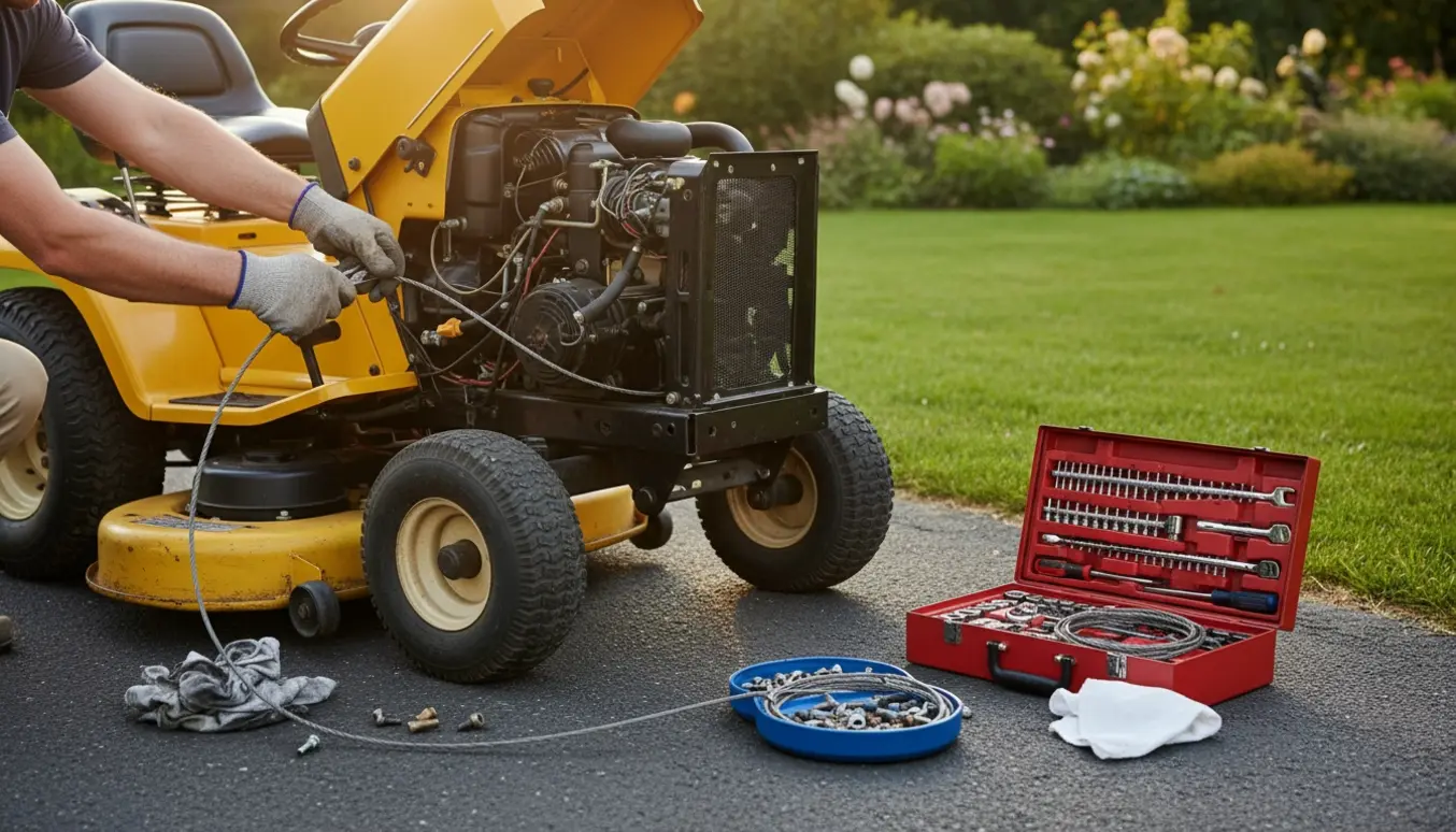 Hænder skifter koblingskabel på en havetraktor ved åbent motorrum med værktøj ved siden af.