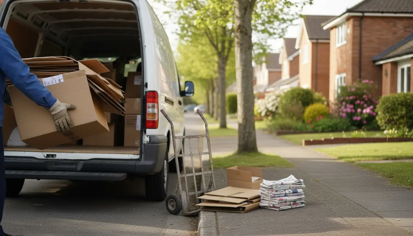 Sammenfoldet pap læsses ind i en varebil ved kantstenen.