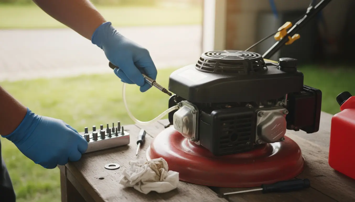Hænder reparerer en benzindrevet plæneklipper med åben motor, primerpære og værktøj ved siden af.