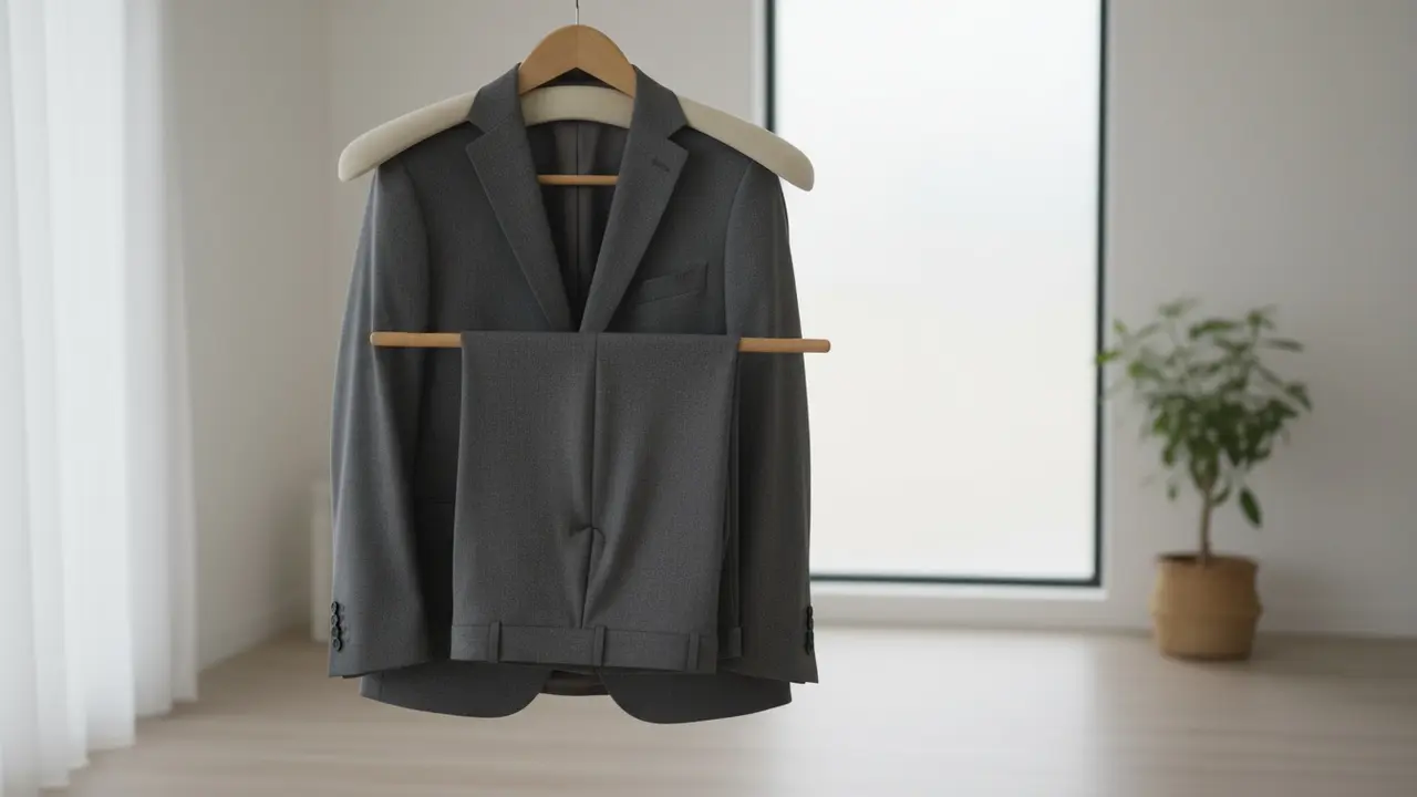 Jakkesæt hængende på bred, polstret bøjle til lufttørring