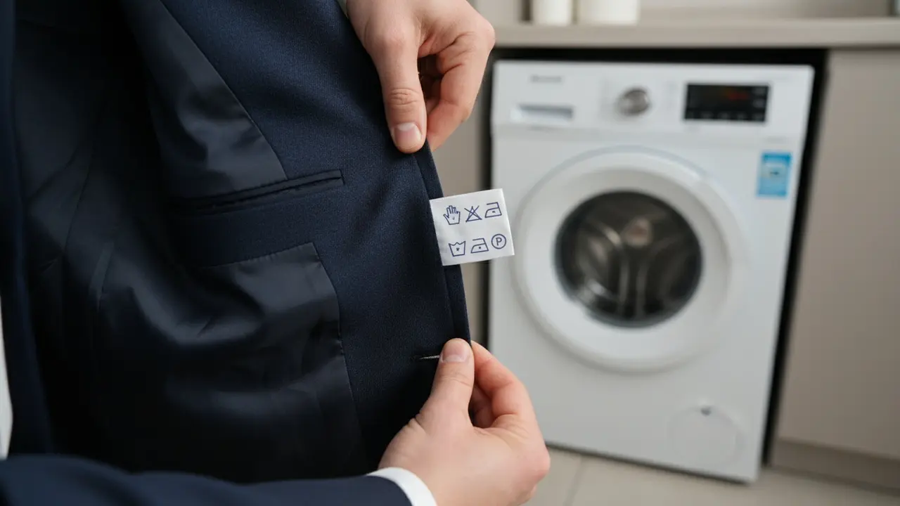 Nærbillede af vaskeetiket i jakkesætsjakke og vaskemaskine i baggrunden