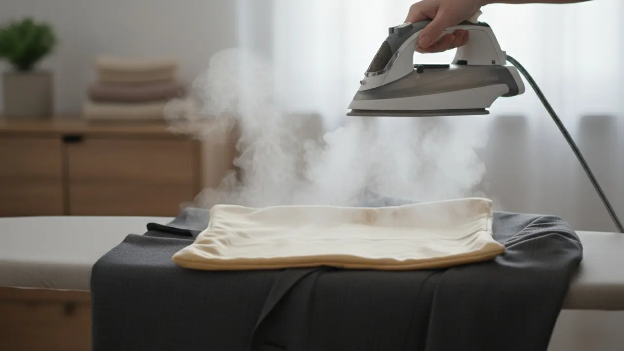 Dampstrygning af jakkesæt med klæde mellem strygejern og stof