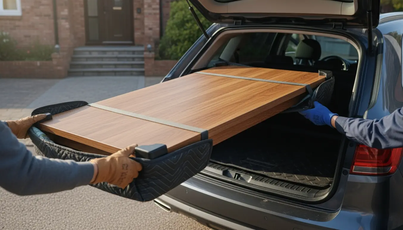 To personer læsser et mellemstort spisebord ind i bagagerummet på en stor bil uden tydelige ansigter.