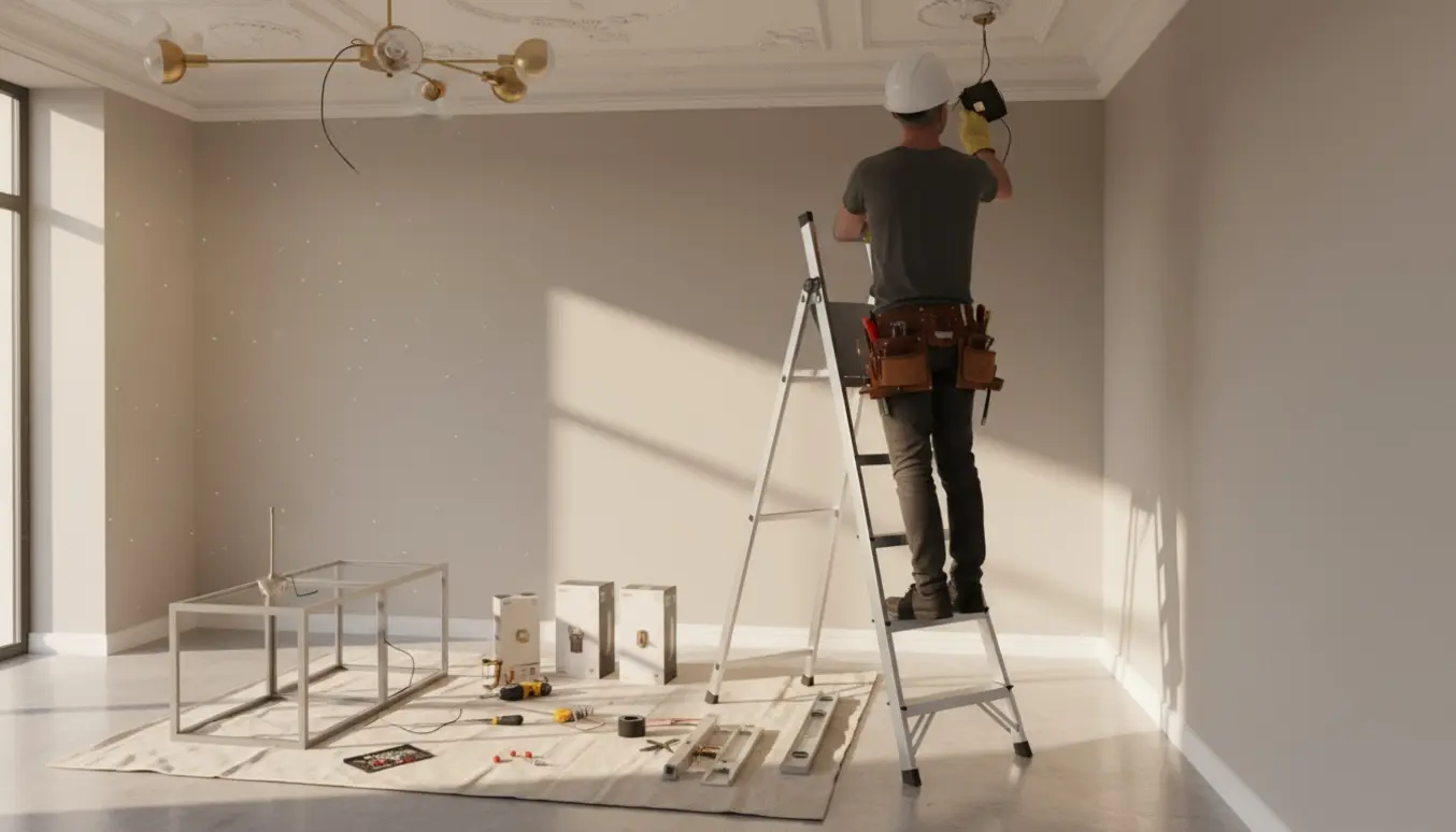 Person på en høj stige fjerner en transformator fra en loftlampe nær væggen med værktøj og et vitrineskab klar til ophæng.