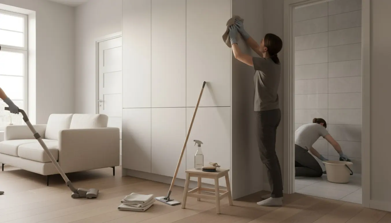 Hænder tørrer skabe og støvsuger under møbler i et stilrent, minimalistisk hjem under hovedrengøring.