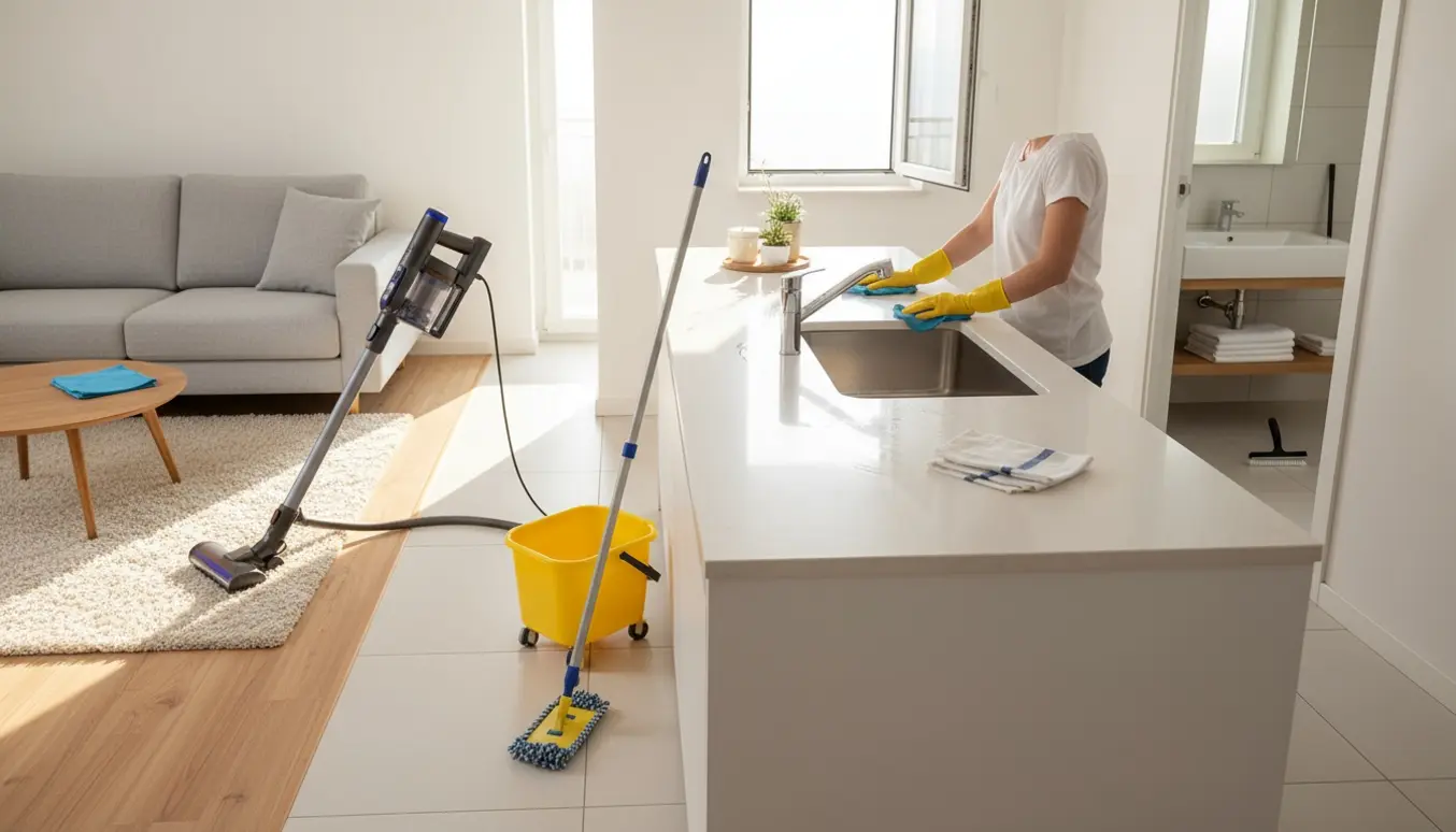 Oversigt over en rengjort lejlighed med stue, køkken og badeværelse i naturligt dagslys.