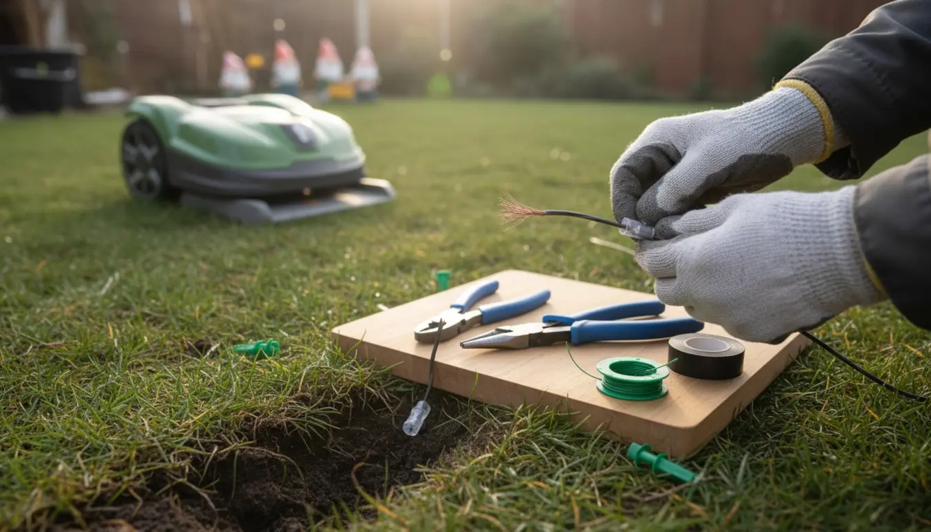 Nærbillede af handsker, der reparerer en beskadiget afgrænsningsledning til en robotplæneklipper i en have.