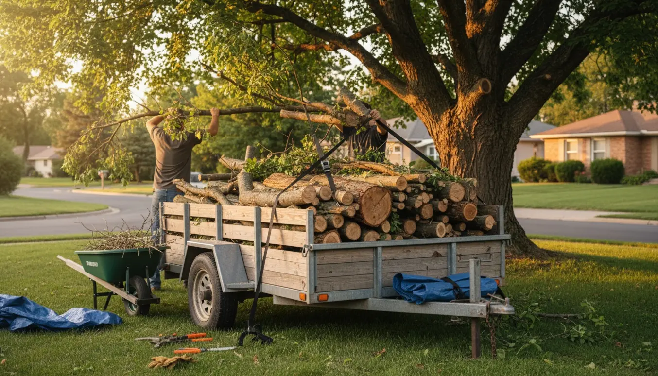 Traileren ved et træ fyldt med nyafskårne grene, hænder spænder og læsser dem fast — ansigter ikke synlige.