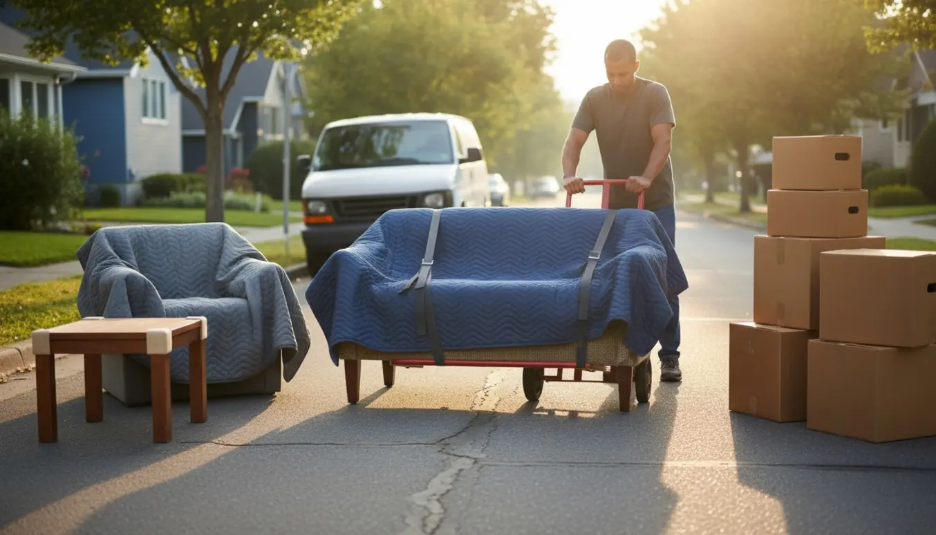 Flyttefolk transporterer en sofa, en stol, et sofabord og omkring otte flyttekasser mellem en lejlighedsindgang og en varebil.