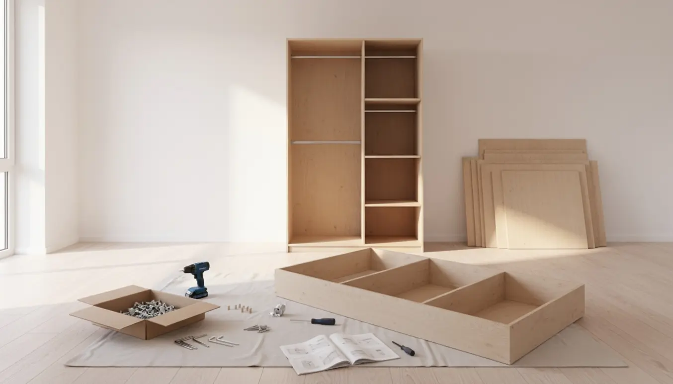 To delvist samlede garderobeskabe og værktøj i et lyst, tomt rum klar til montering.