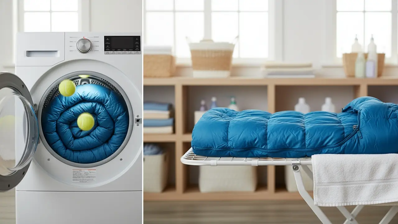 Tørretumbler med sovepose og tennisbolde til højre; sovepose lagt fladt til tørre til venstre.