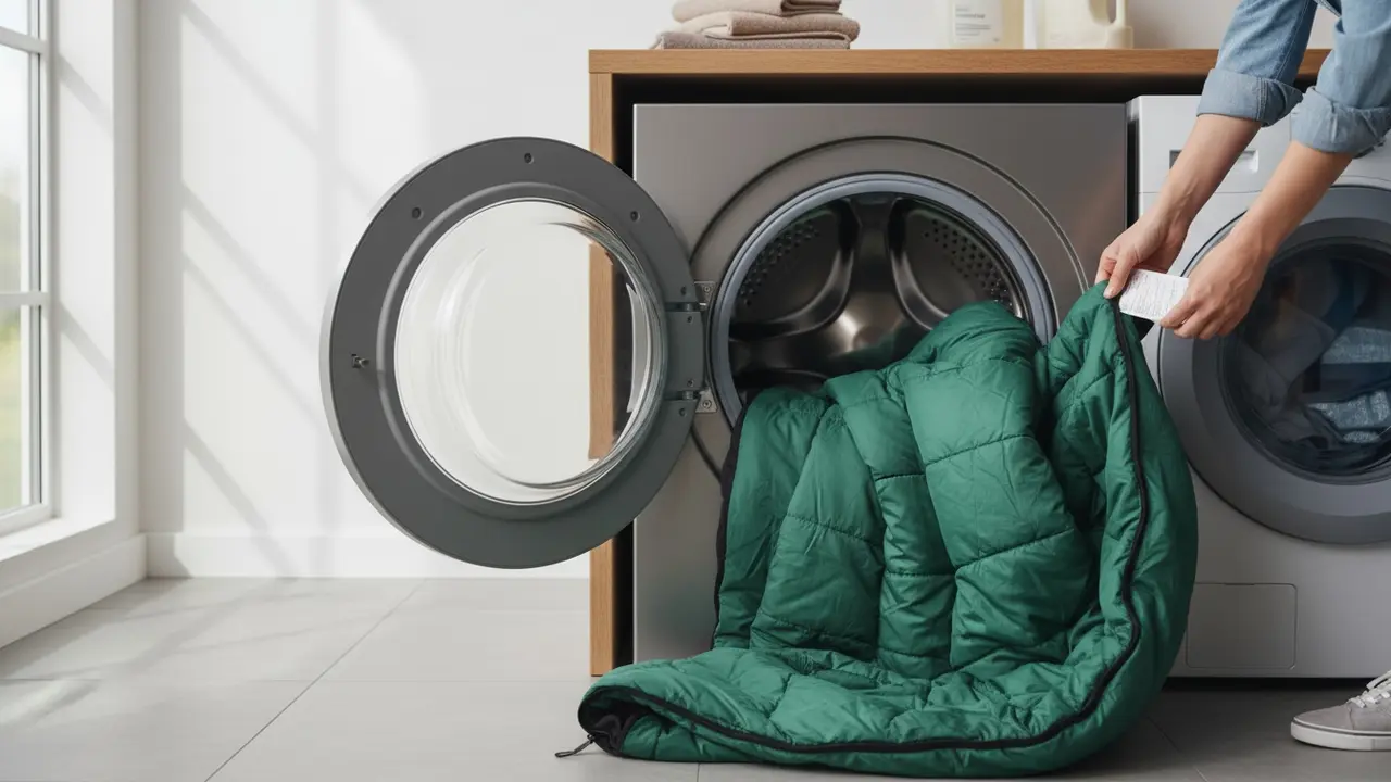 Stor frontbetjent vaskemaskine med sovepose indeni og hænder, der tjekker vaskeanvisningen.