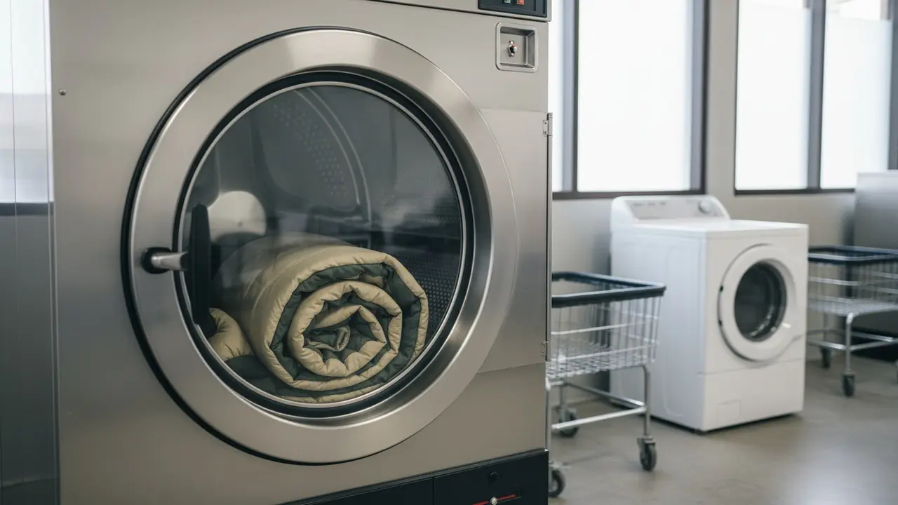 Stor industri-vaskemaskine med sovepose, der ligger ubesværet i tromlen for at vise tilstrækkelig plads.