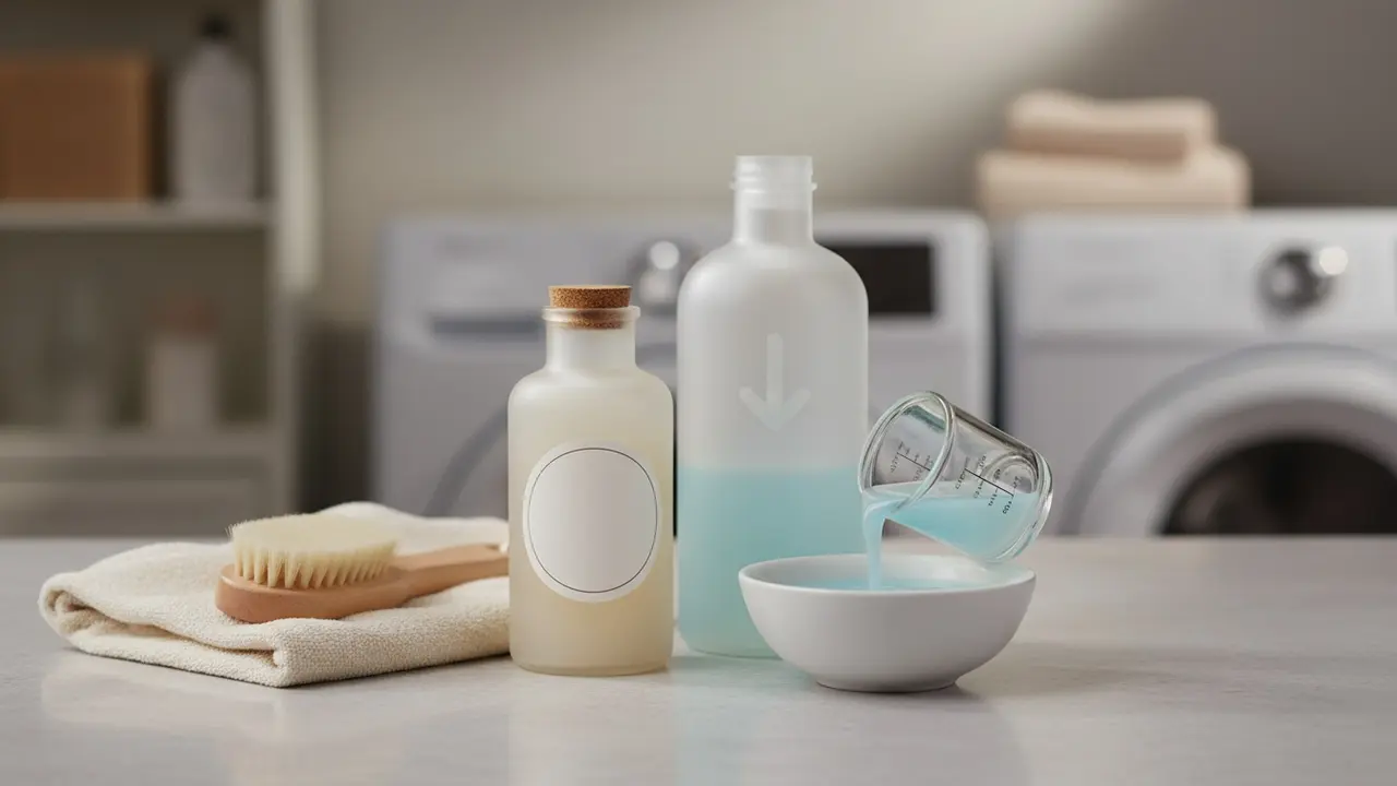 Mildt vaskemiddel og specialmiddel til dun på bord ved siden af målebæger og klud.