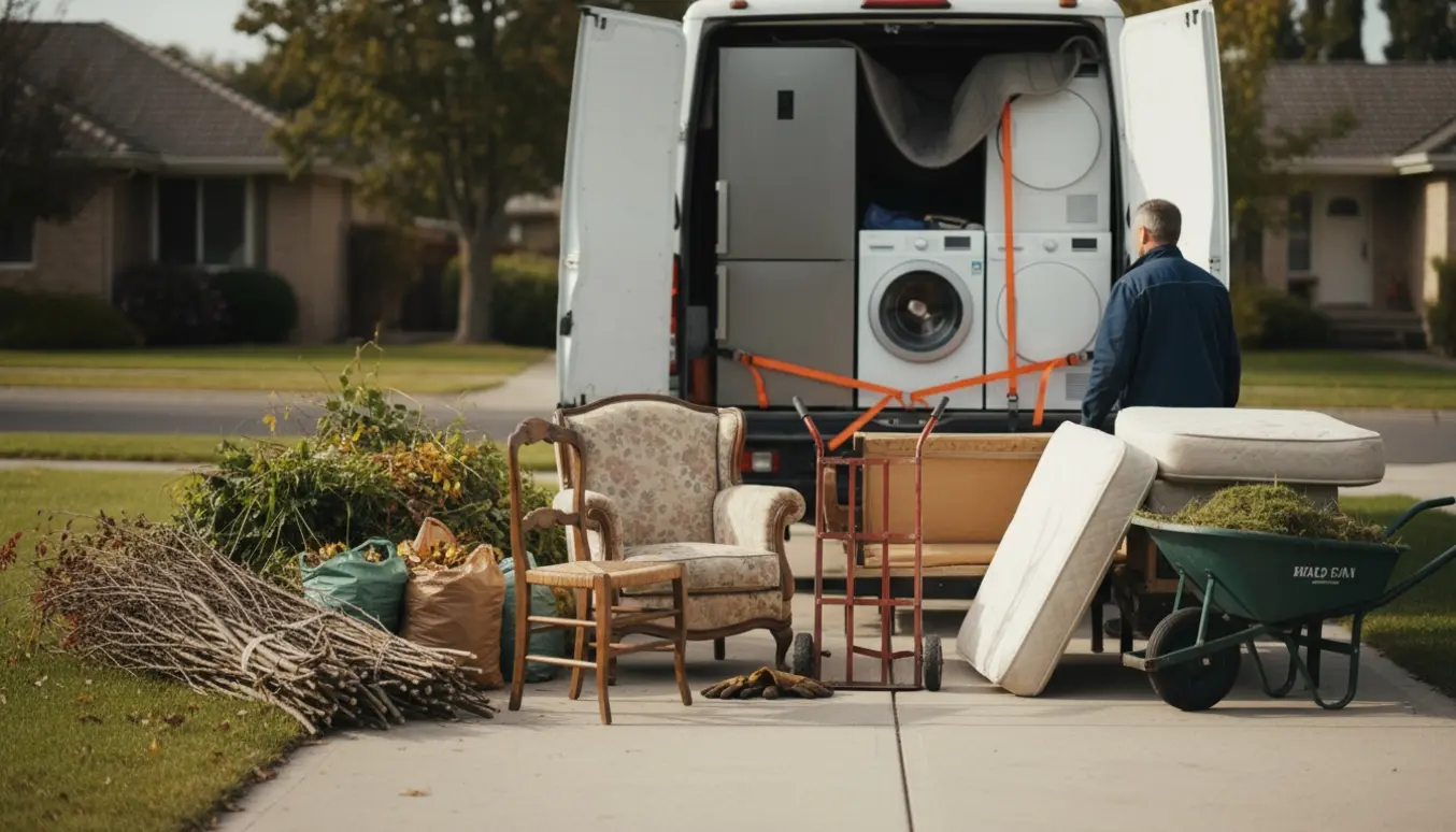 Åben varevogn på indkørsel med gamle møbler, køle-/fryseskab, vaskemaskine, tørretumbler og bunker haveaffald klar til afhentning.