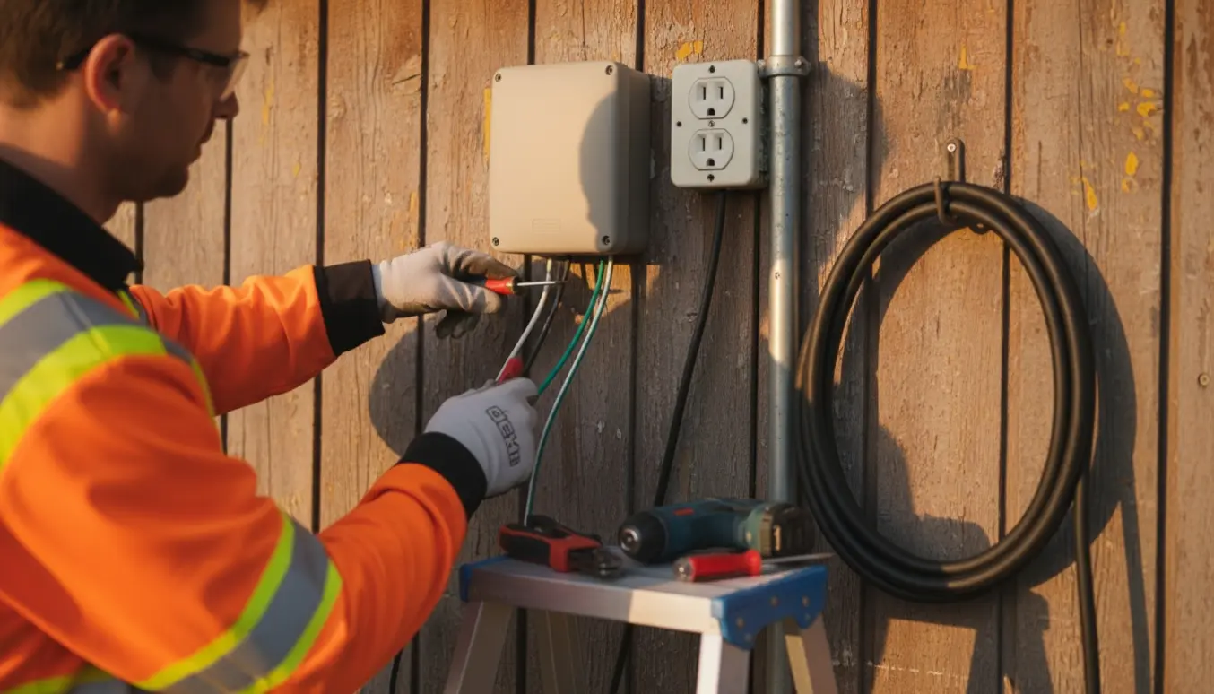 En elektriker tilslutter en ny ladeboks på en trævæg og arbejder med kabler og værktøj.