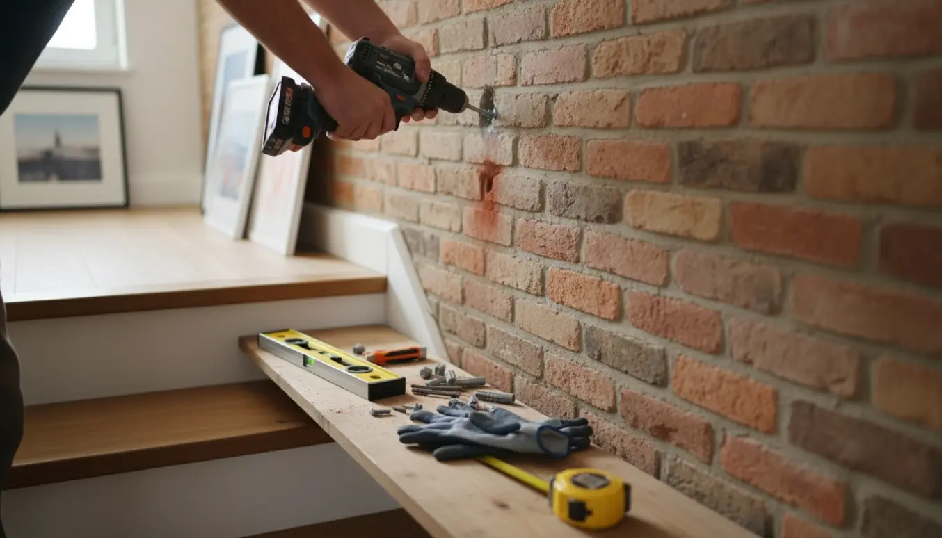 Hænder opsætter billedophæng på en murstensvæg ved en trappe med en træplade som arbejdsplatform.