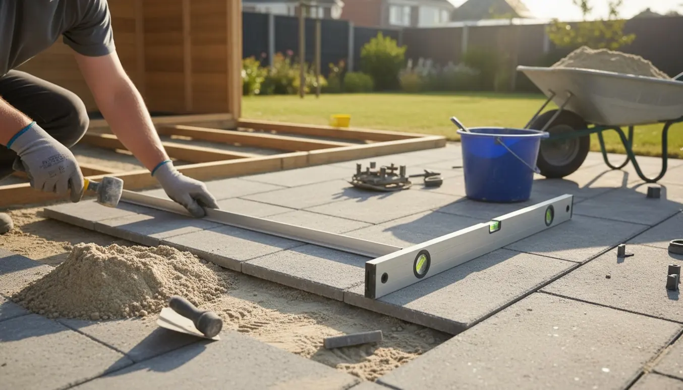 Hænder retter fliser med lige kant og gummiklubbe, klar til at opstille et lille skur.