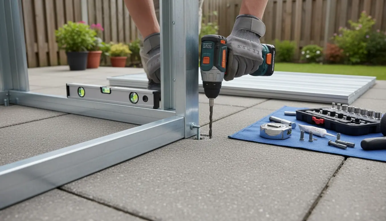 Nærbillede af montering af et metalskur på fliser, hvor ramme fastgøres med en boremaskine.