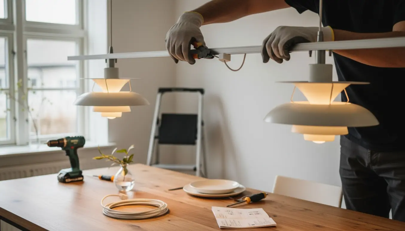 En person forkorter en el-skinne og monterer to PH5-lamper over et spisebord i normal loftshøjde.