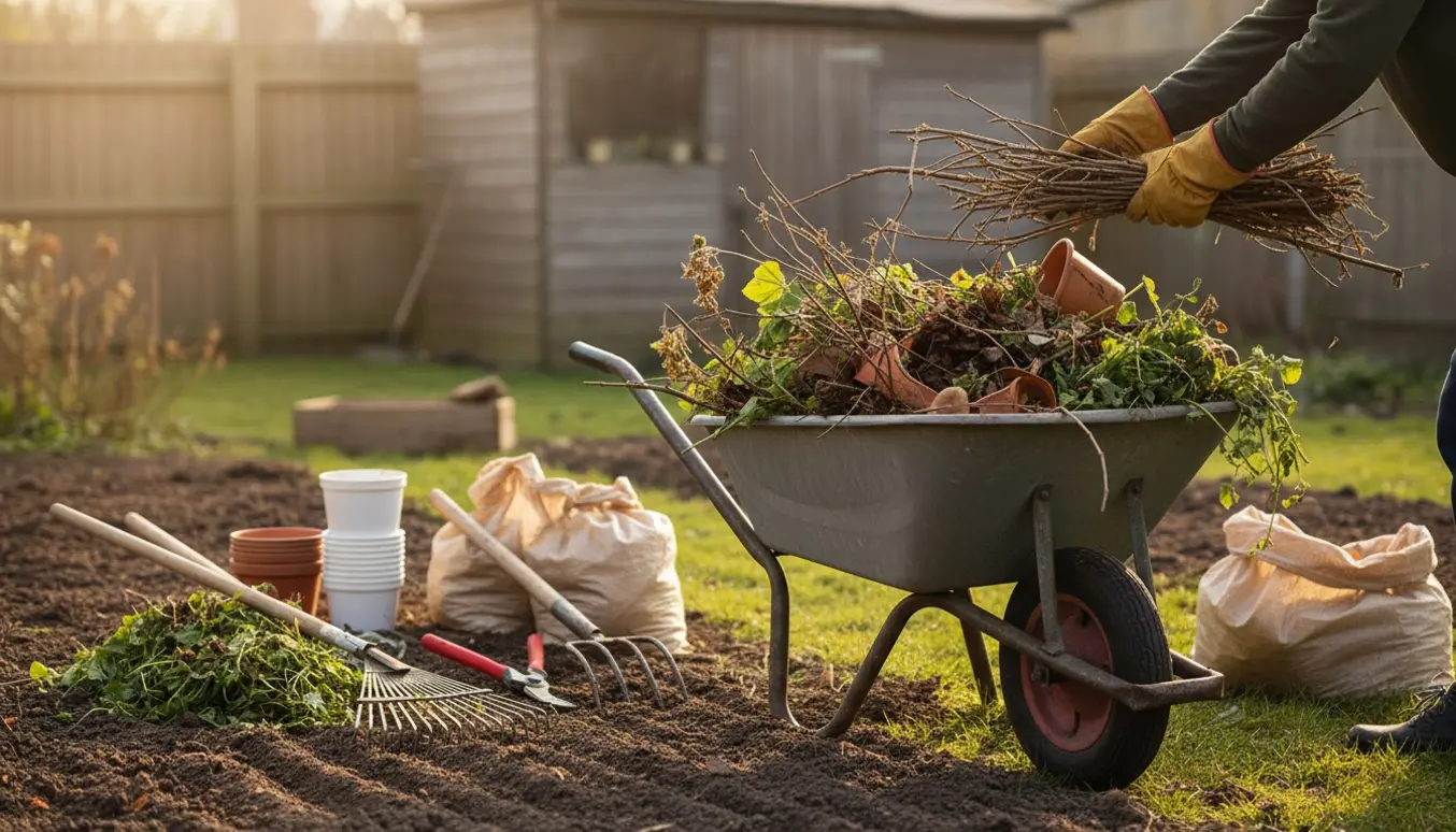 Handsker læsser trillebør med grene, visne blade og knuste potter foran et ryddet havebed.