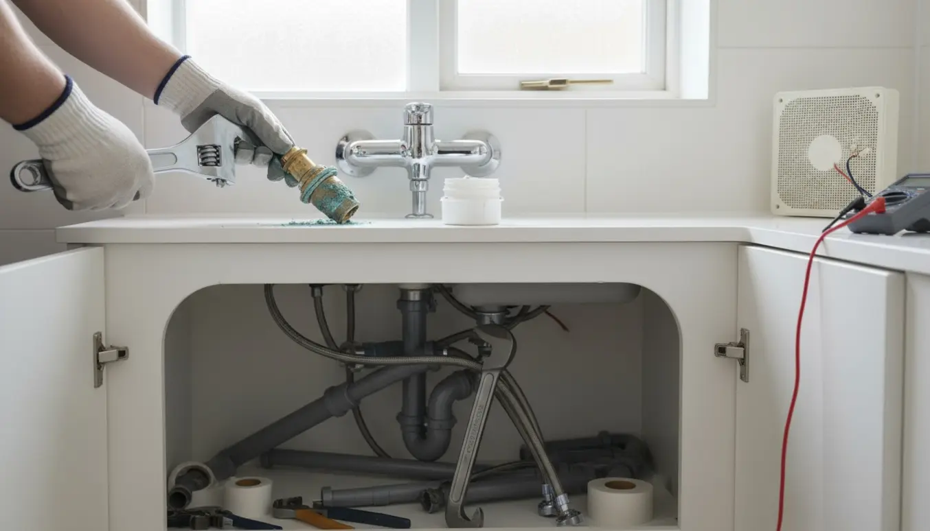 Hænder reparerer et fast brusearmatur med værktøj, mens løse rør under en vask og en åben udsugningsrist ses i baggrunden.