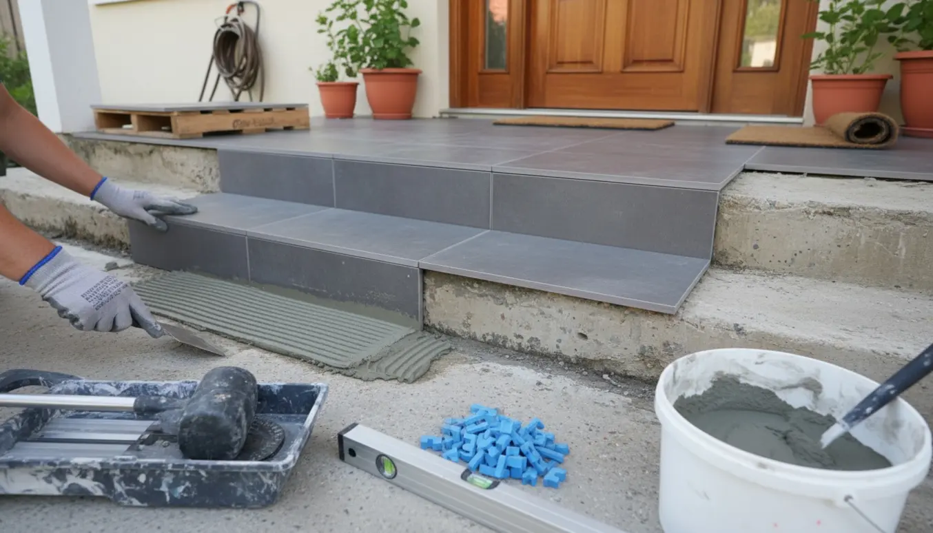 Fliselægning på hovedtrappen med værktøj og materialer, ingen synlige ansigter.