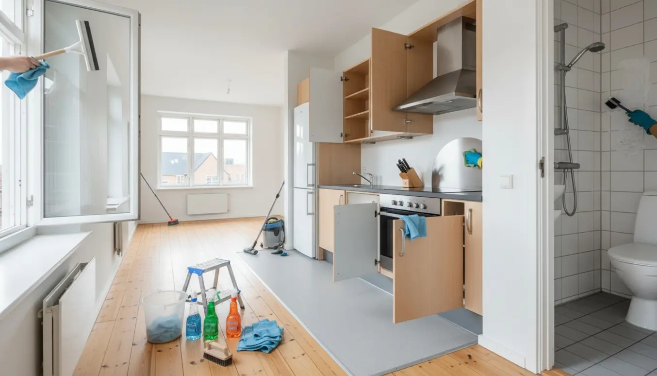 Hænder i handsker pudser vindue og rengør køkken, badeværelse og fyrretrægulv i en lys lejlighed.