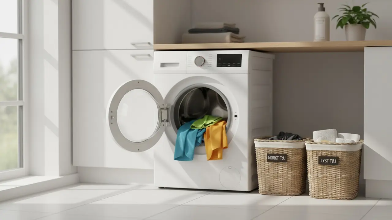 Vaskemaskine med nye farvesorterede tøjbunker og separate kurve til mørkt og lyst tøj