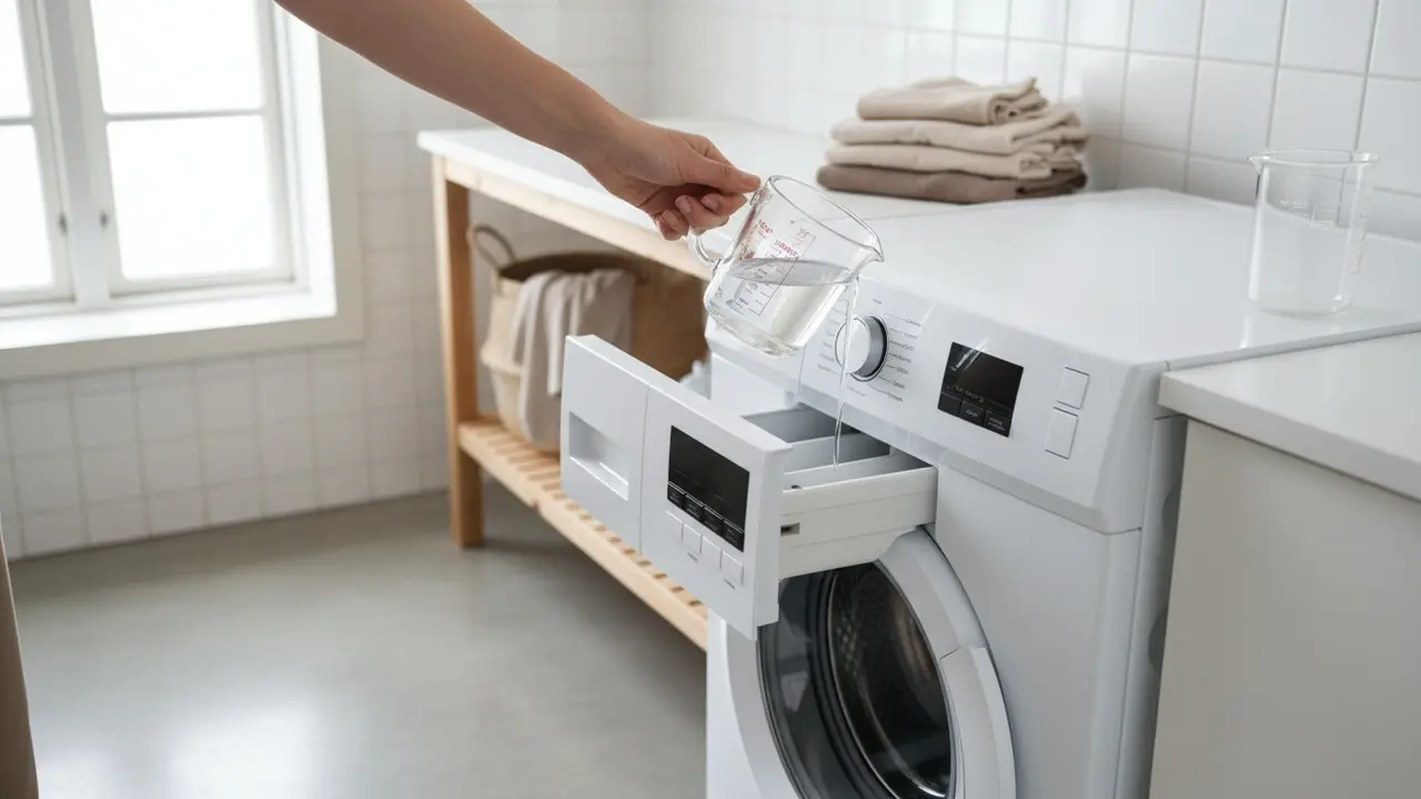 Hånd hælder eddike i vaskemaskinens sæbeskuffe som rengøringstips