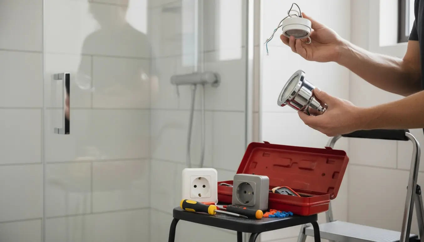 Hænder udskifter et indbygget LED-spot i et flisebadeværelse med nyt stik og værktøj ved siden af.