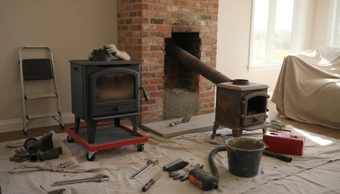 Halvmonteret ny brændeovn ved skorstensrør med værktøj og let murreparation i en stue.
